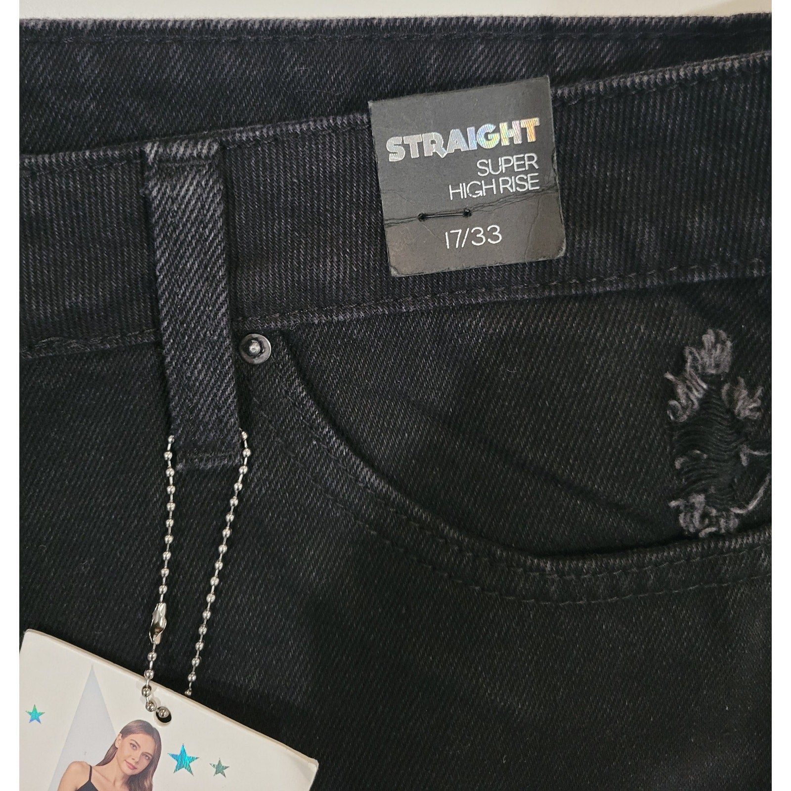 NWT Simple Society Black Rhinestone Star Jeans Juniors 17/33 High Rise Straight