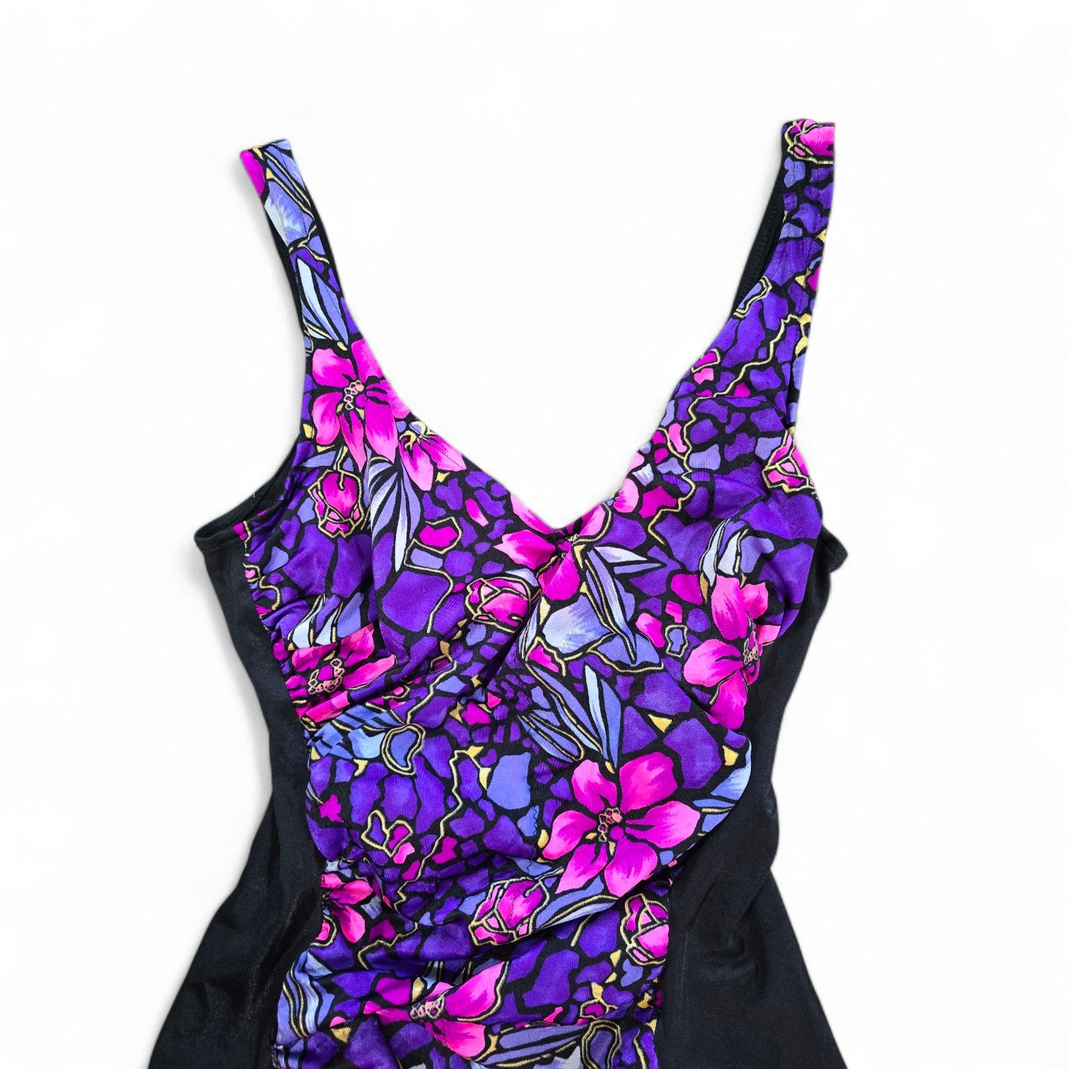 Vintage Maxine of Hollywood Purple Floral Ruched One Piece Swimsuit 16
