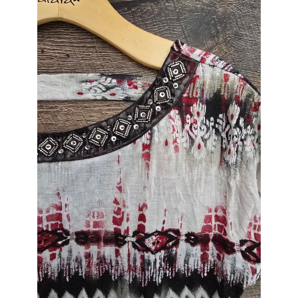 AB Studio Women's Size Medium Red Black Tribal Ikat Embellished Scoop Neck Top
