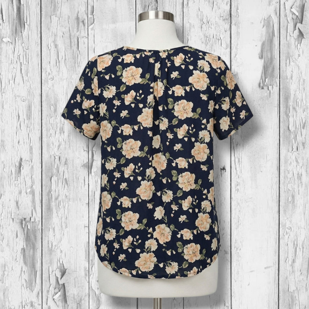 Sienna Sky Women's Size Small Navy Blue Peach Floral Crochet Trim V-Neck Blouse