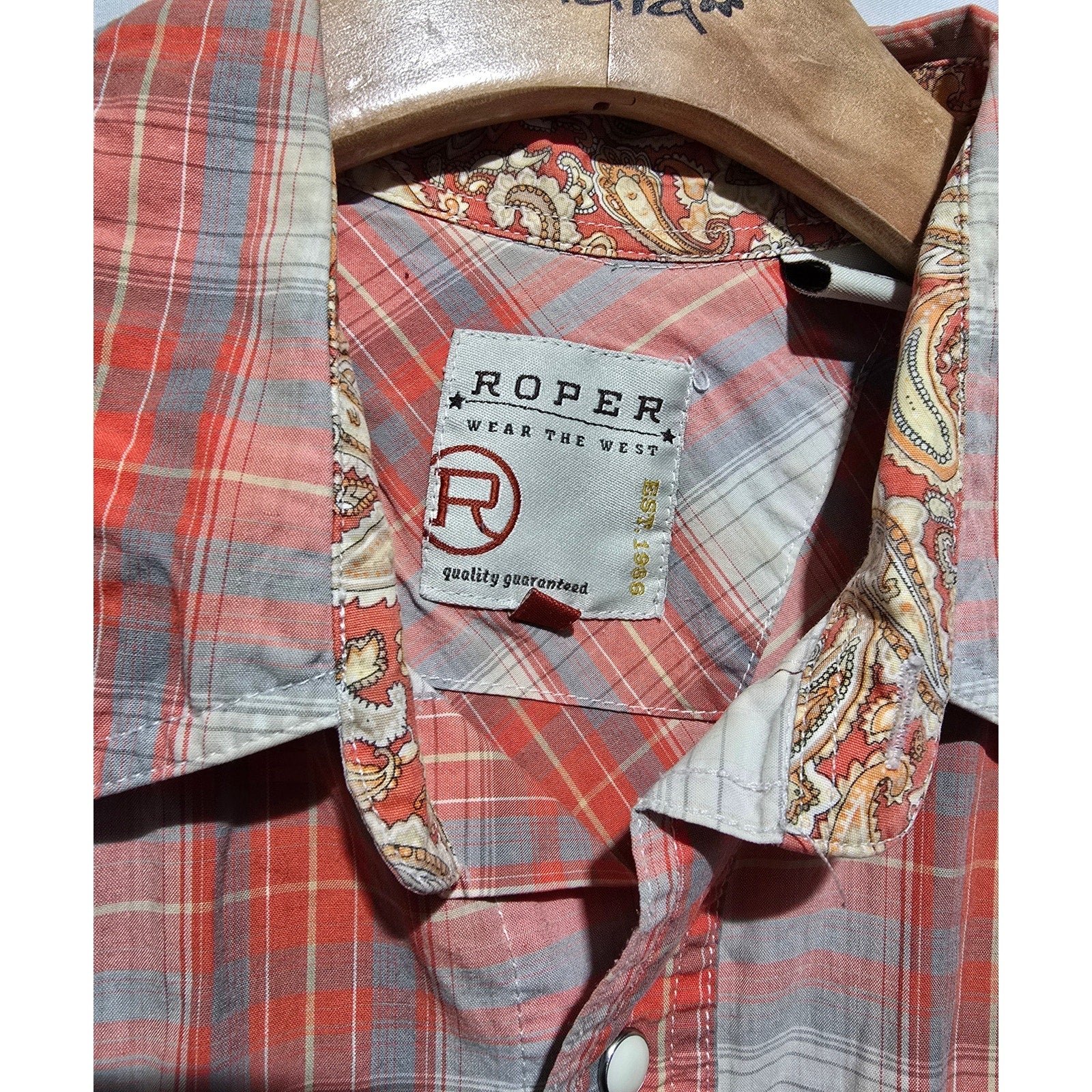 Roper Wear the West Mens Coral Plaid Paisley Trim Pearl Snap Western Shirt Large