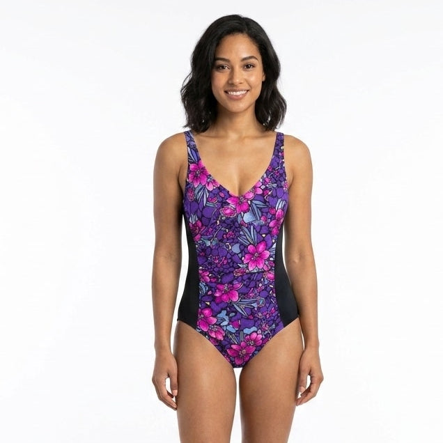 Vintage Maxine of Hollywood Purple Floral Ruched One Piece Swimsuit 16