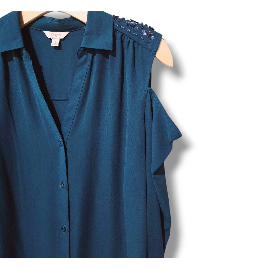 Candie's Size Medium Teal Blue Cold Shoulder Button Down Blouse Embellished