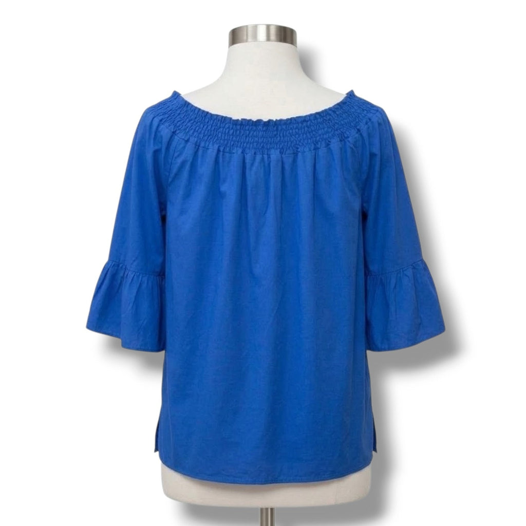 Avon Women’s Blue Boho Embroidered Blouse Large, Cotton Short Sleeve Gently Used