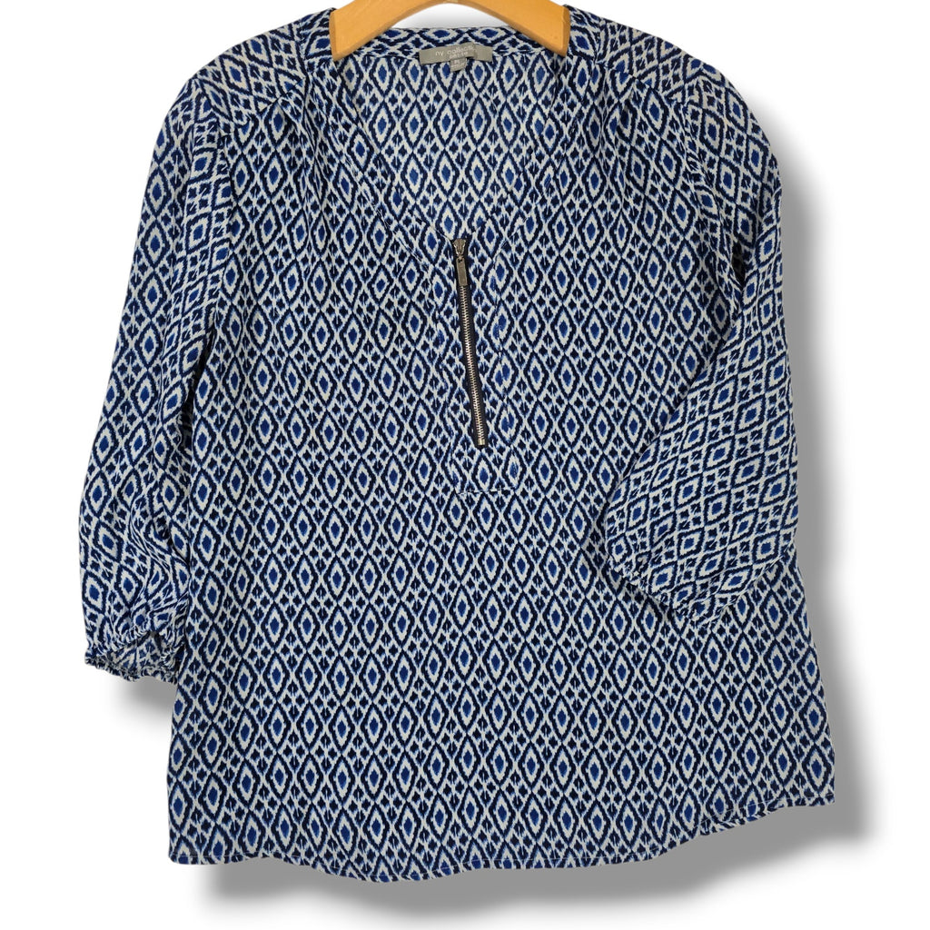 NY Collection Petite Blue Geometric Zip Front Blouse – PL, gently used