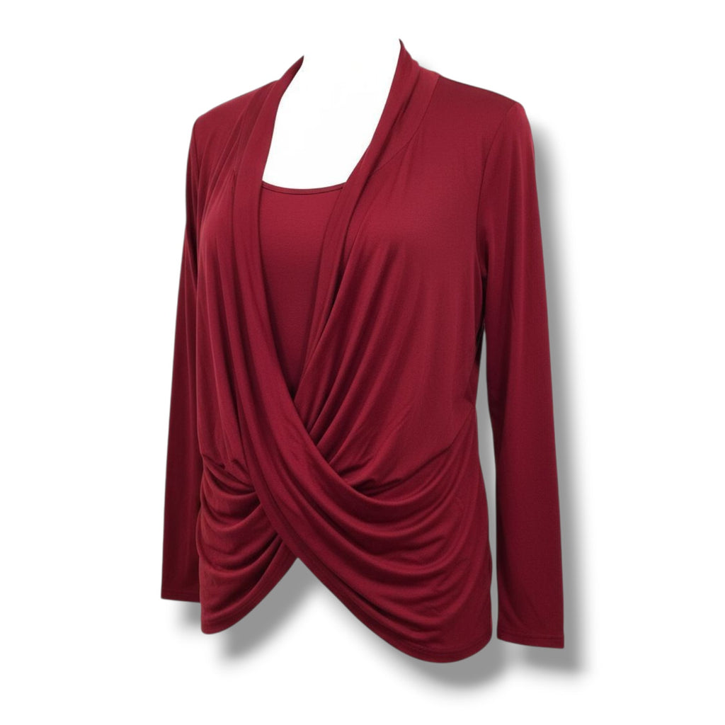 Rhonda Shear Women’s Burgundy 2-in-1 Draped Front Top Size Large