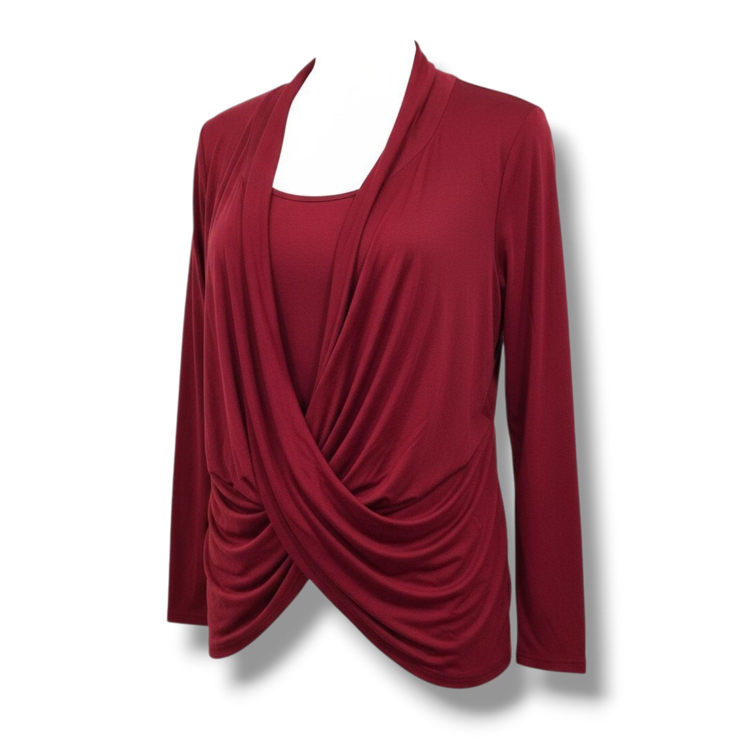 Rhonda Shear Women’s Burgundy 2-in-1 Draped Front Top Size Large