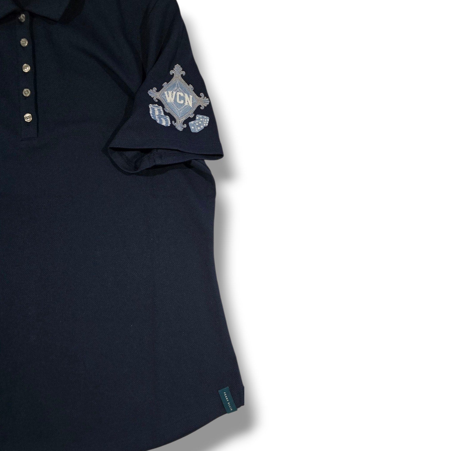 Perry Ellis women’s Navy Blue Polo Shirt WCN Crest Logo – Size M, Short Sleeve