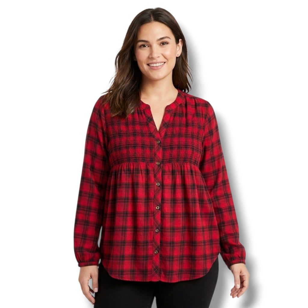 Knox Rose Women's & Black Plaid Smocked Babydoll Blouse - large