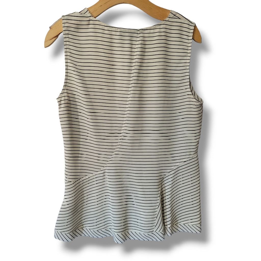 DKNY Women’s Ivory and Black Striped Sleeveless Peplum Blouse – Size 10