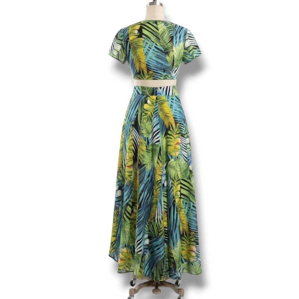 SHEIN Tropical Palm Print 2-Piece Crop Top & Wrap Maxi Skirt Set Green Blue Small