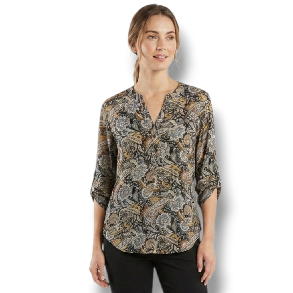 Antilia Femme women's Paisley Split-Neck Roll-Tab Blouse xl