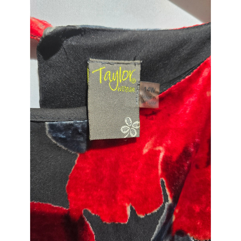 Taylor Woman plus size Red Floral Velvet Burnout Shift Dress 14W