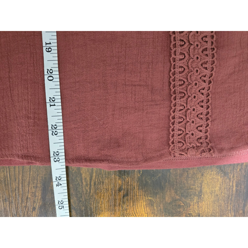 Flower & Feather Women's Medium Rust Terracotta Embroidered Flutter Sleeve Top