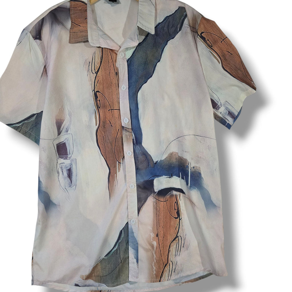 ROMWE Men’s Abstract Print Button Down Shirt Large Polyester Spandex Blend