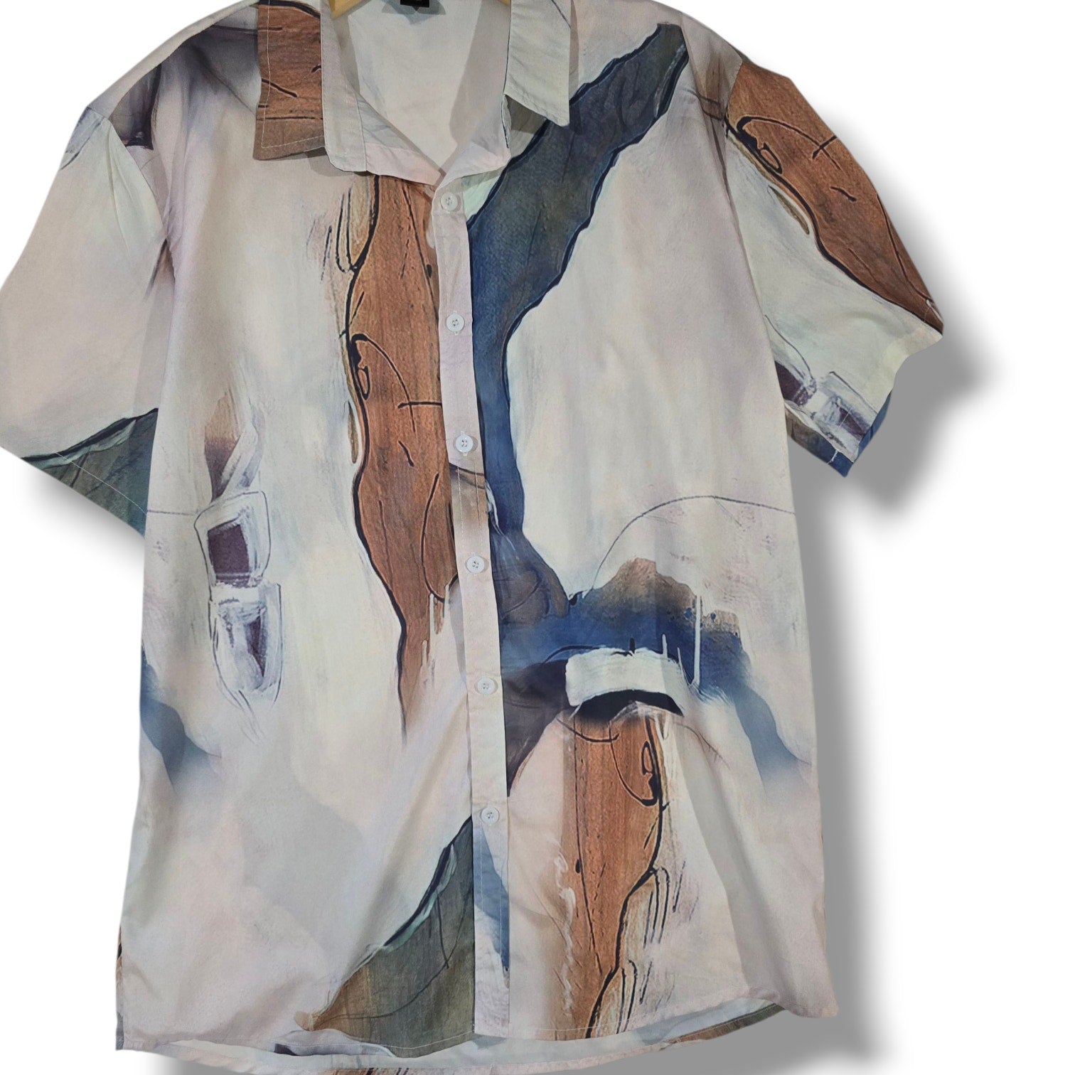 ROMWE Men’s Abstract Print Button Down Shirt Large Polyester Spandex Blend