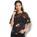 Candie’s Women’s Black Floral Ruffle Lace Blouse – Size Small, Short Sleeve
