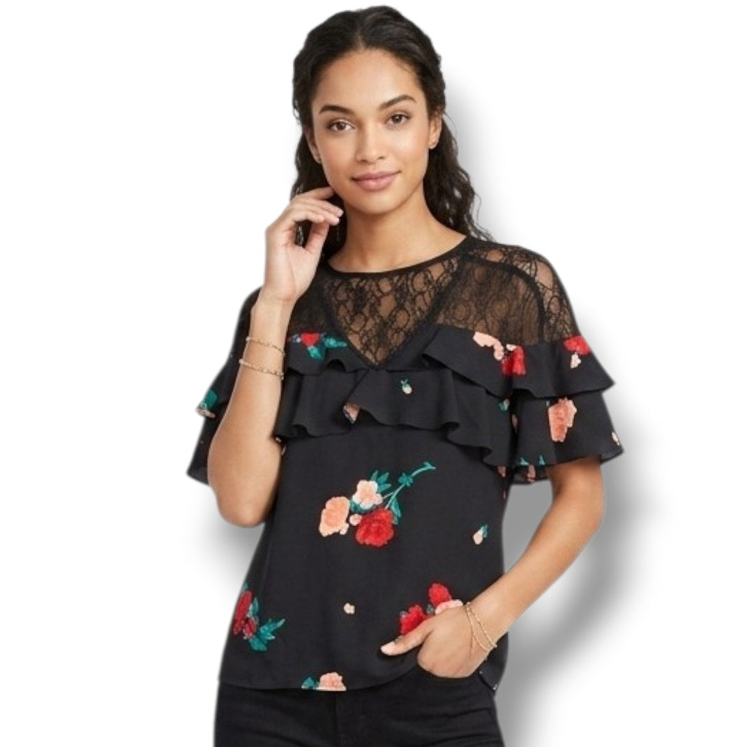 Candie’s Women’s Black Floral Ruffle Lace Blouse – Size Small, Short Sleeve
