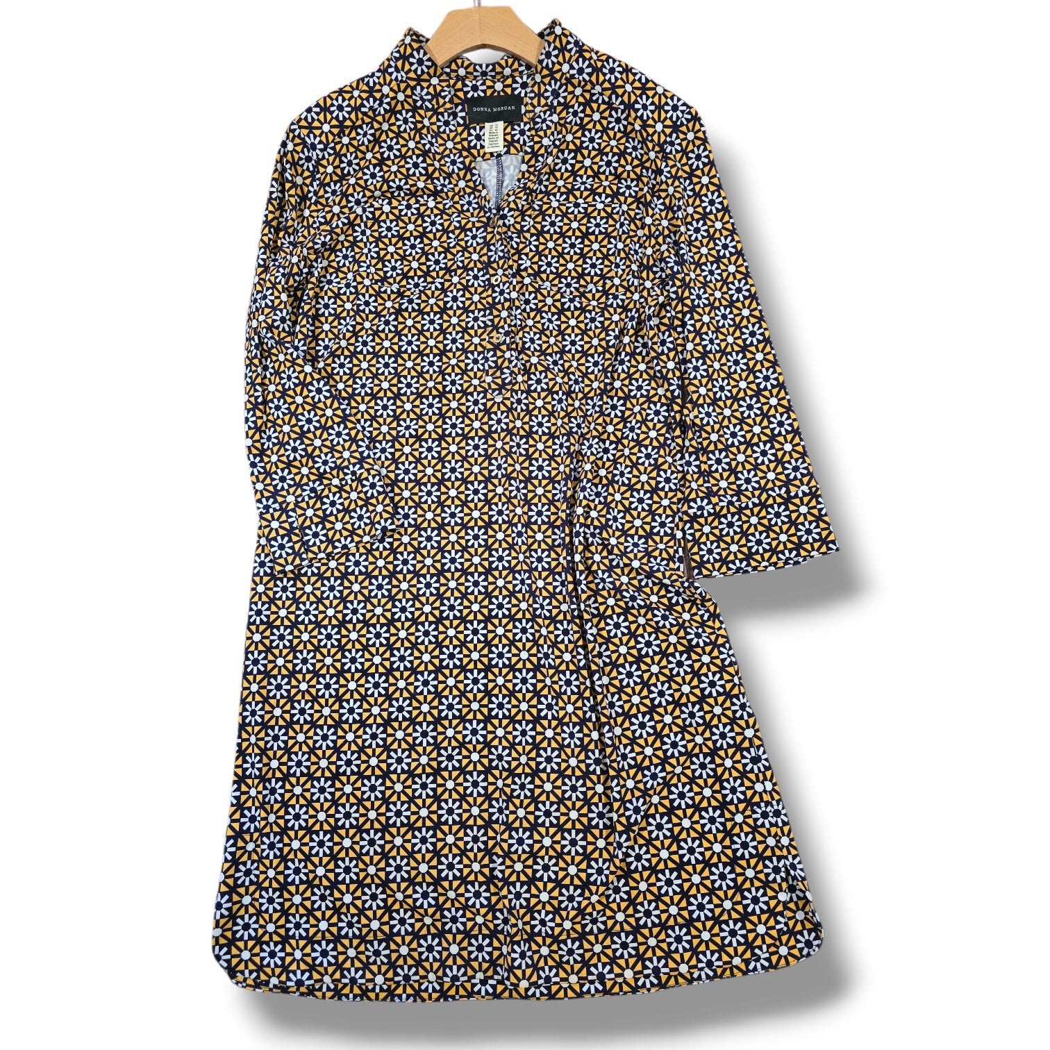 Donna Morgan Womens Size 14 Dress Geometric Navy Yellow Stretch Shift Preowned