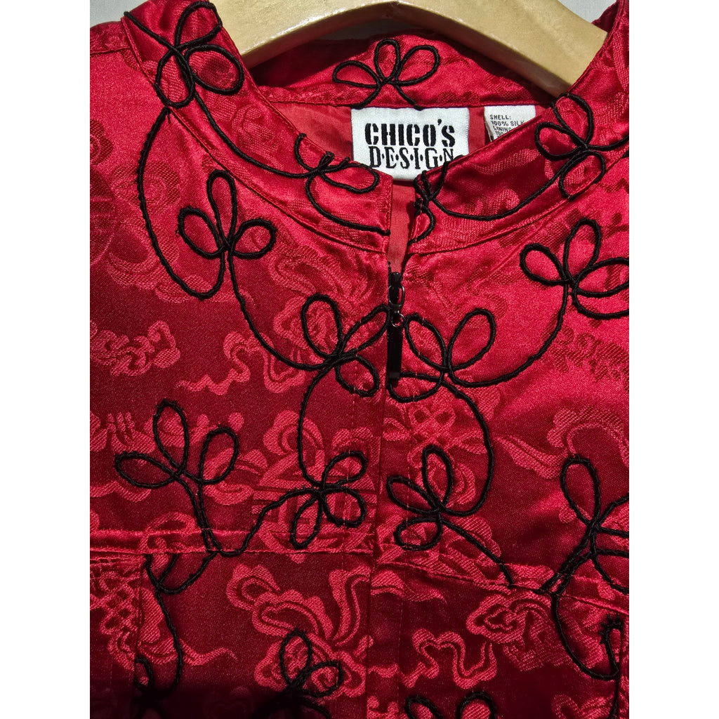 Chico's Design Vintage Women's Size 3 Red Silk Black Embroidered Zip Jacket