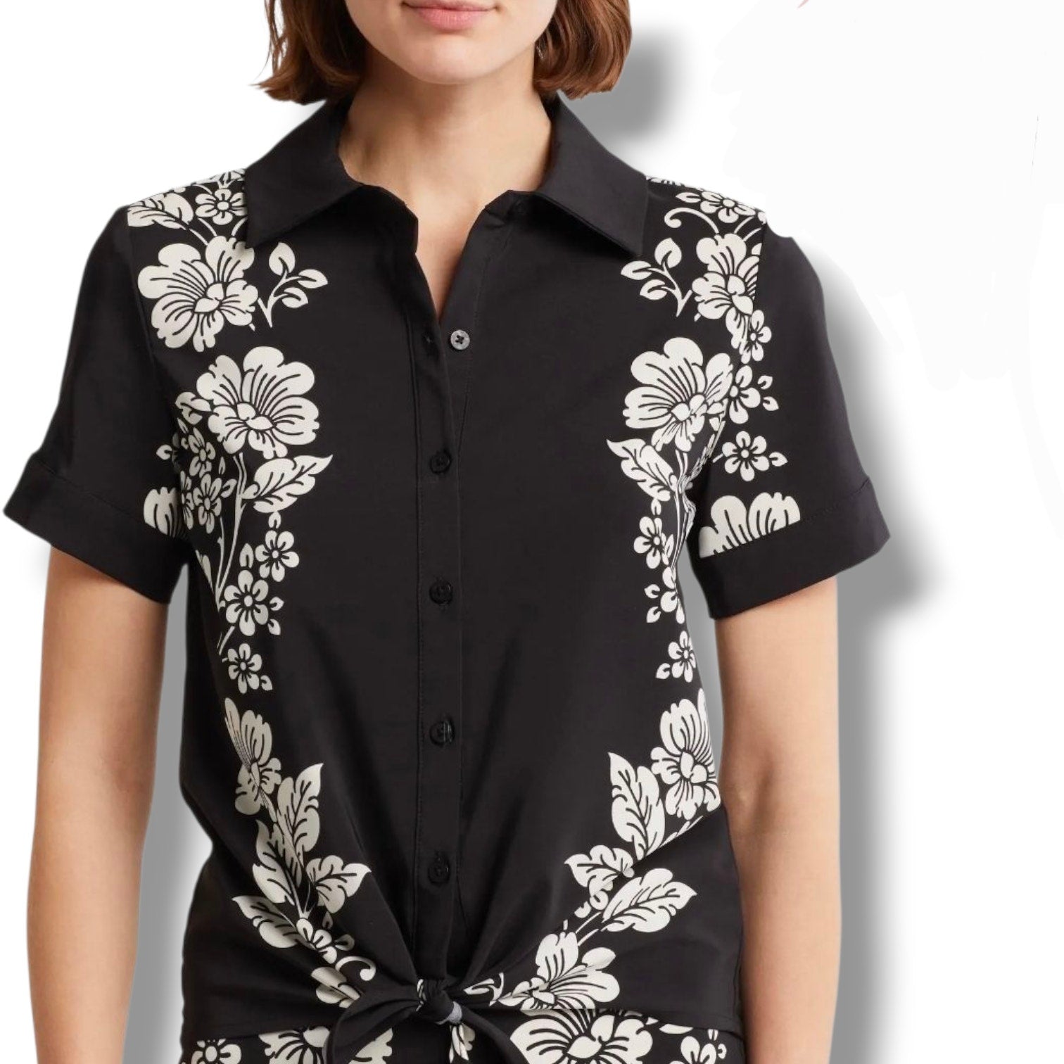Rich & Famous Black Floral Button-Front Tie Hem Top – Size Large
