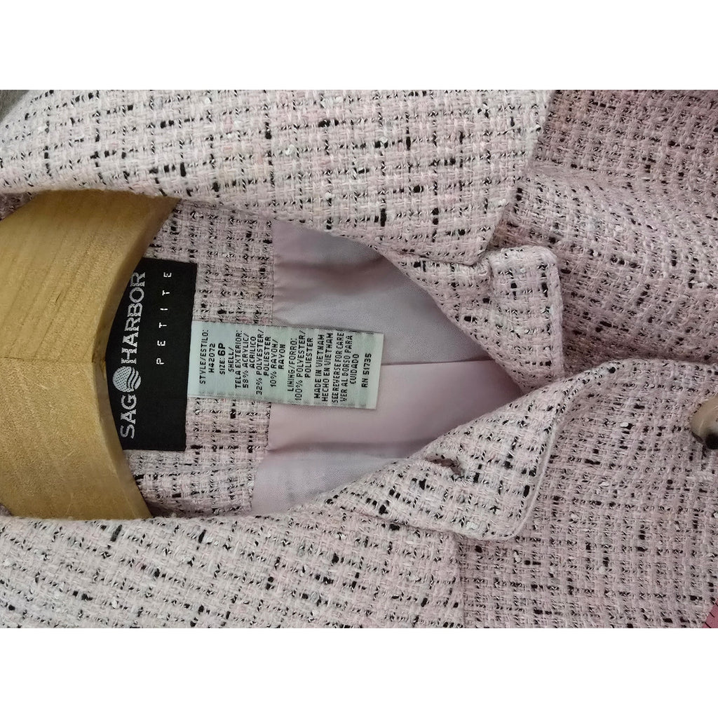 Sag Harbor Petite Women's Size 6P Soft Pink Black Tweed Button Front Blazer