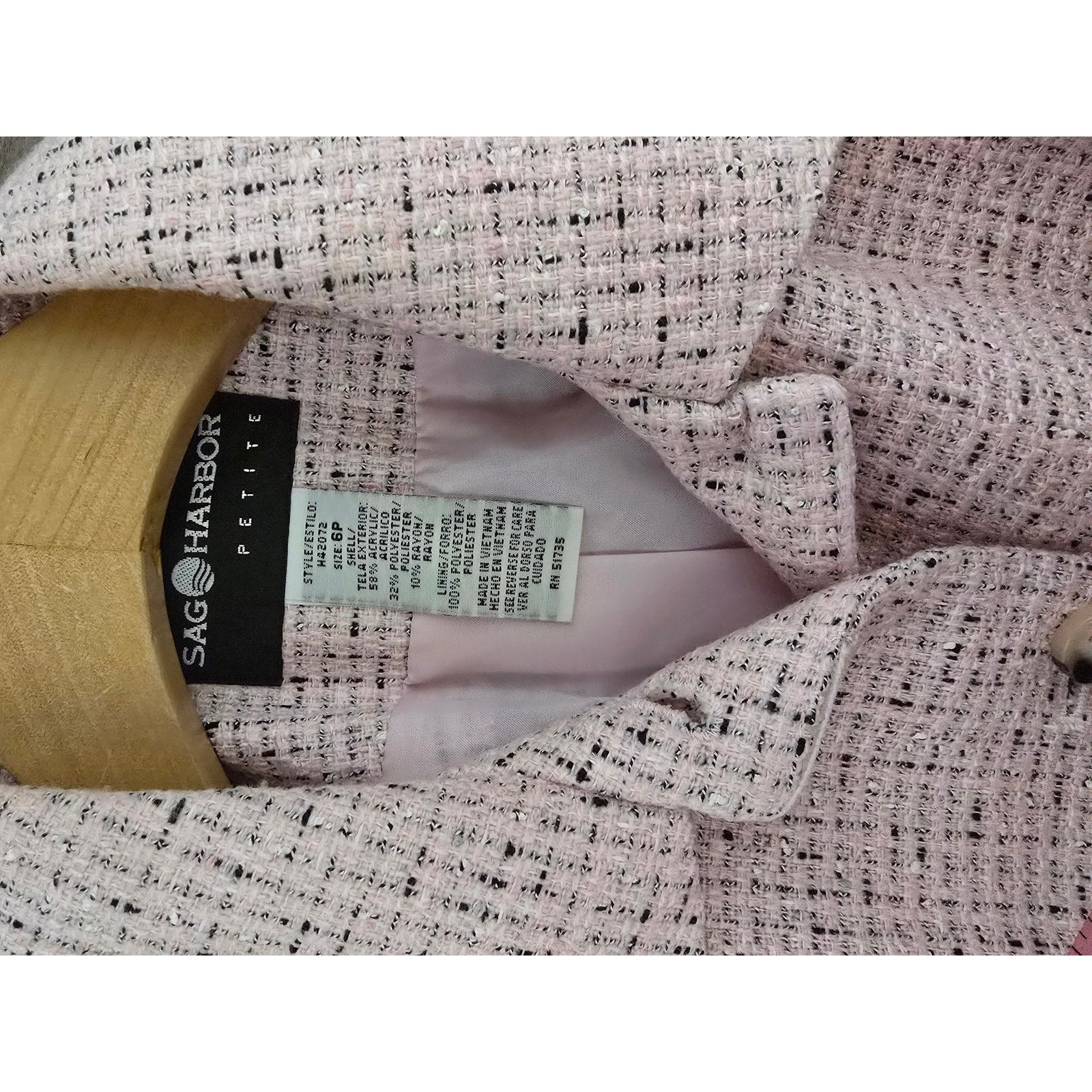 Sag Harbor Petite Women's Size 6P Soft Pink Black Tweed Button Front Blazer