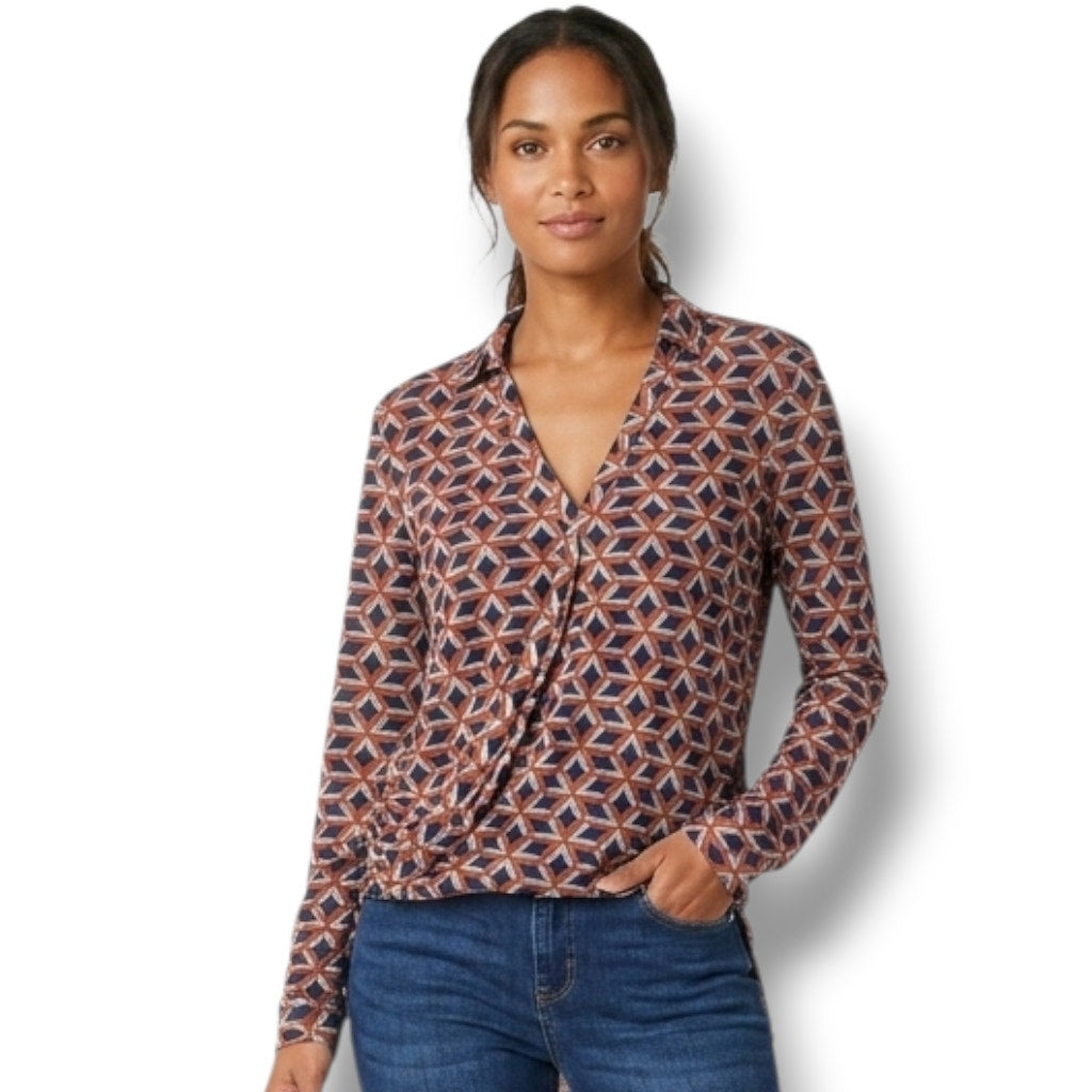 Eden & Olivia Geometric Print Faux Wrap Collared Blouse