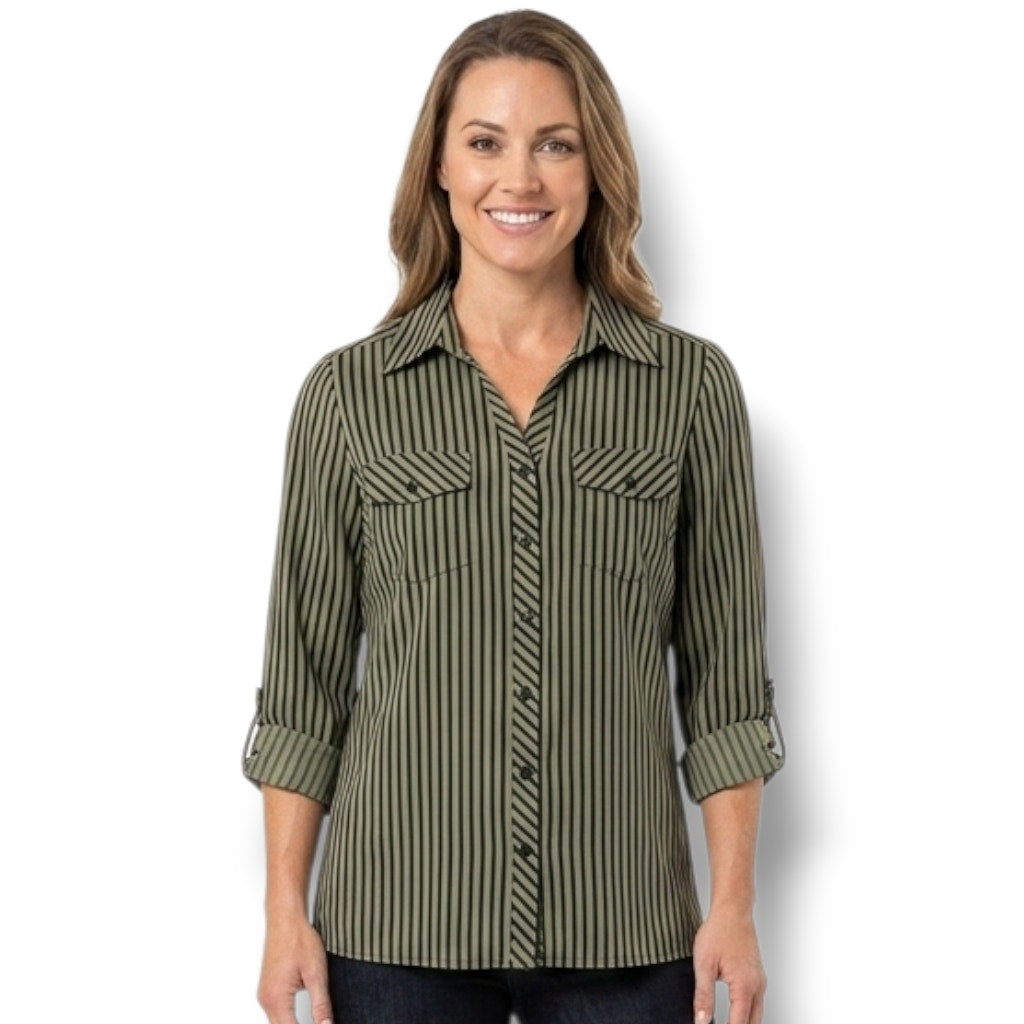 Elementz women's Green & Black Vertical Striped Button Down Blouse Size Small