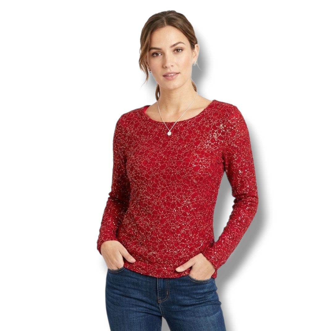JLO Jennifer Lopez Women’s Burgundy Metallic Long Sleeve V-Back Pullover Sweater