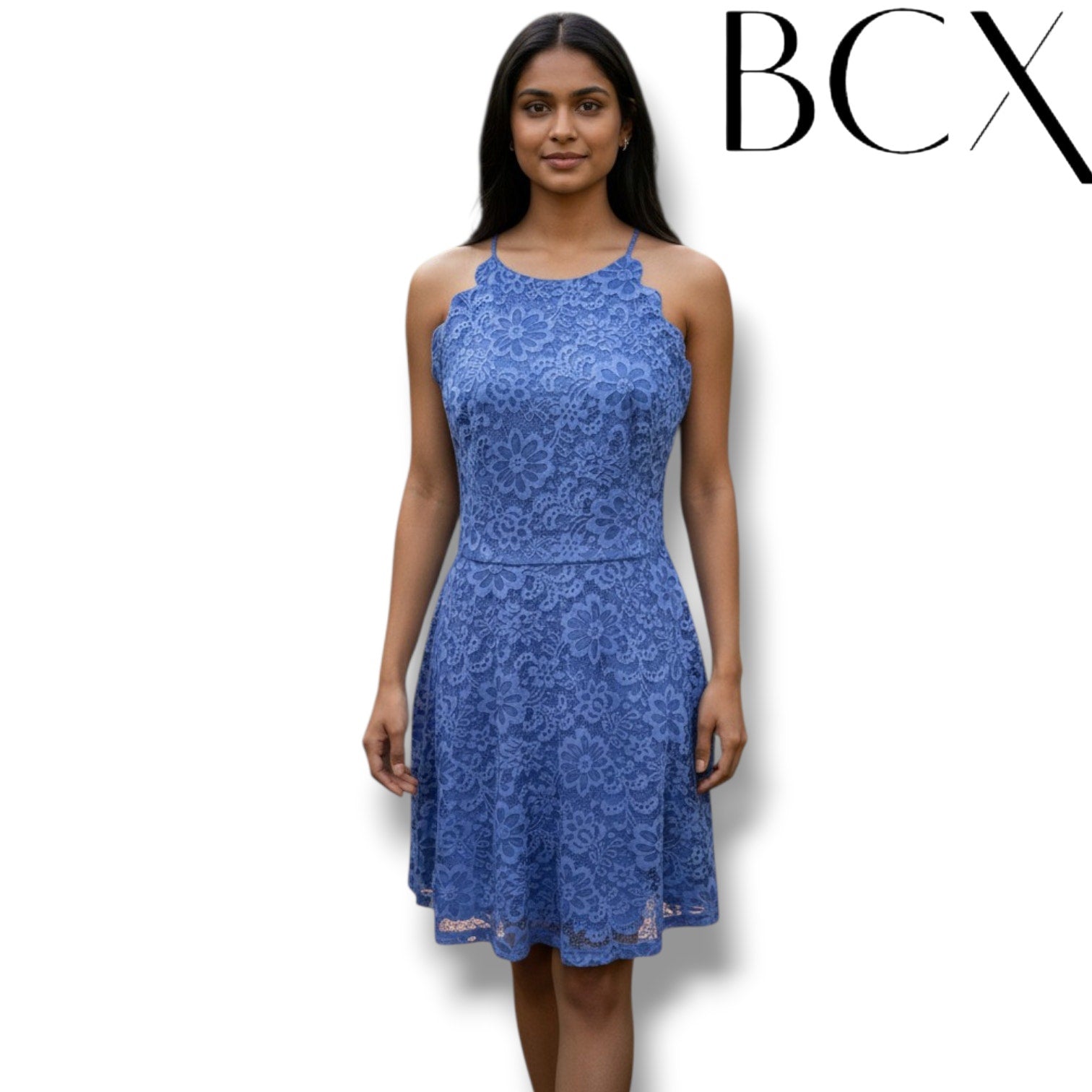 BCX Blue Lace Halter Dress Juniors Size 11 Scallop A-Line Cocktail Party Dress