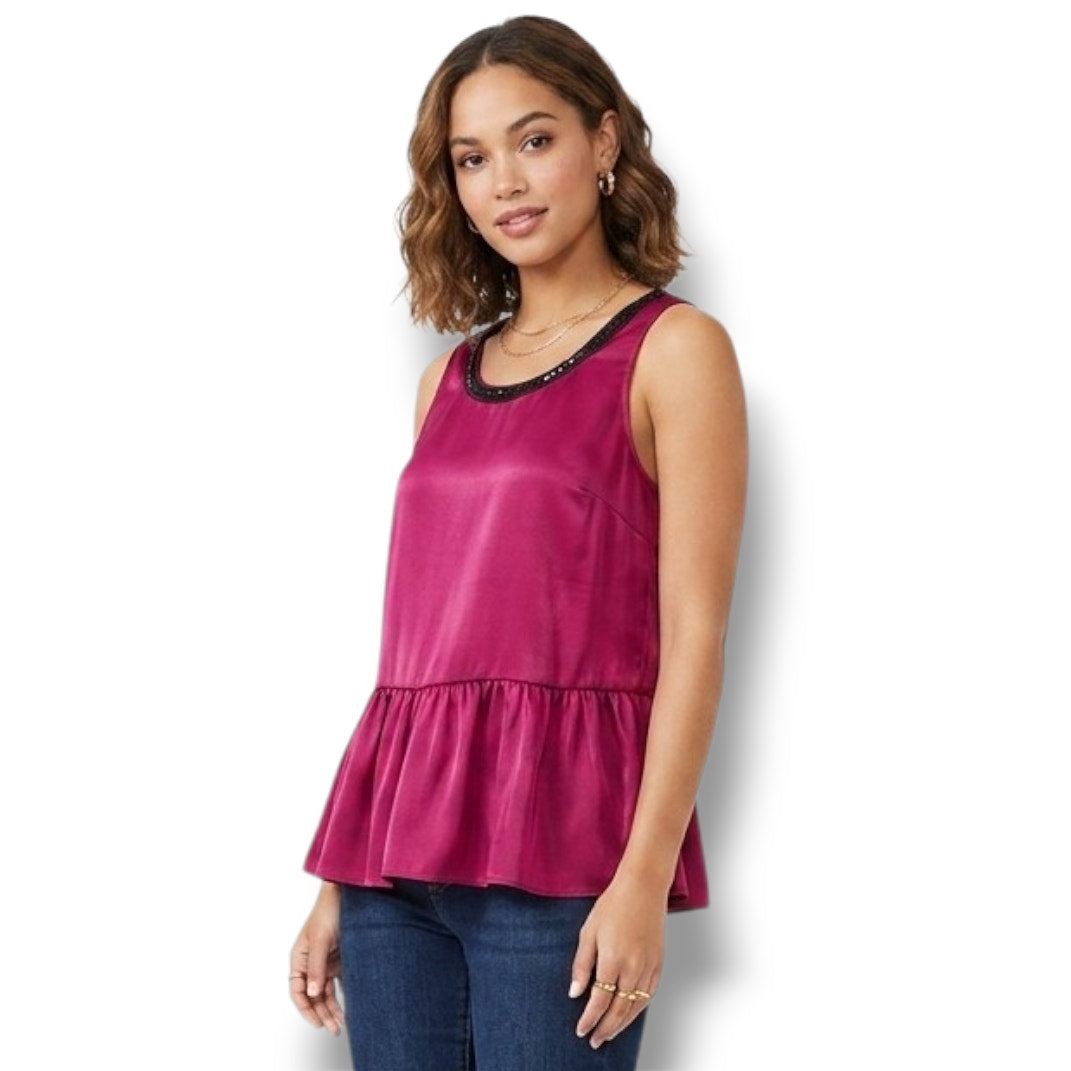 Juicy Couture Burgundy Sleeveless Peplum Top Small Satin Dressy Party Blouse