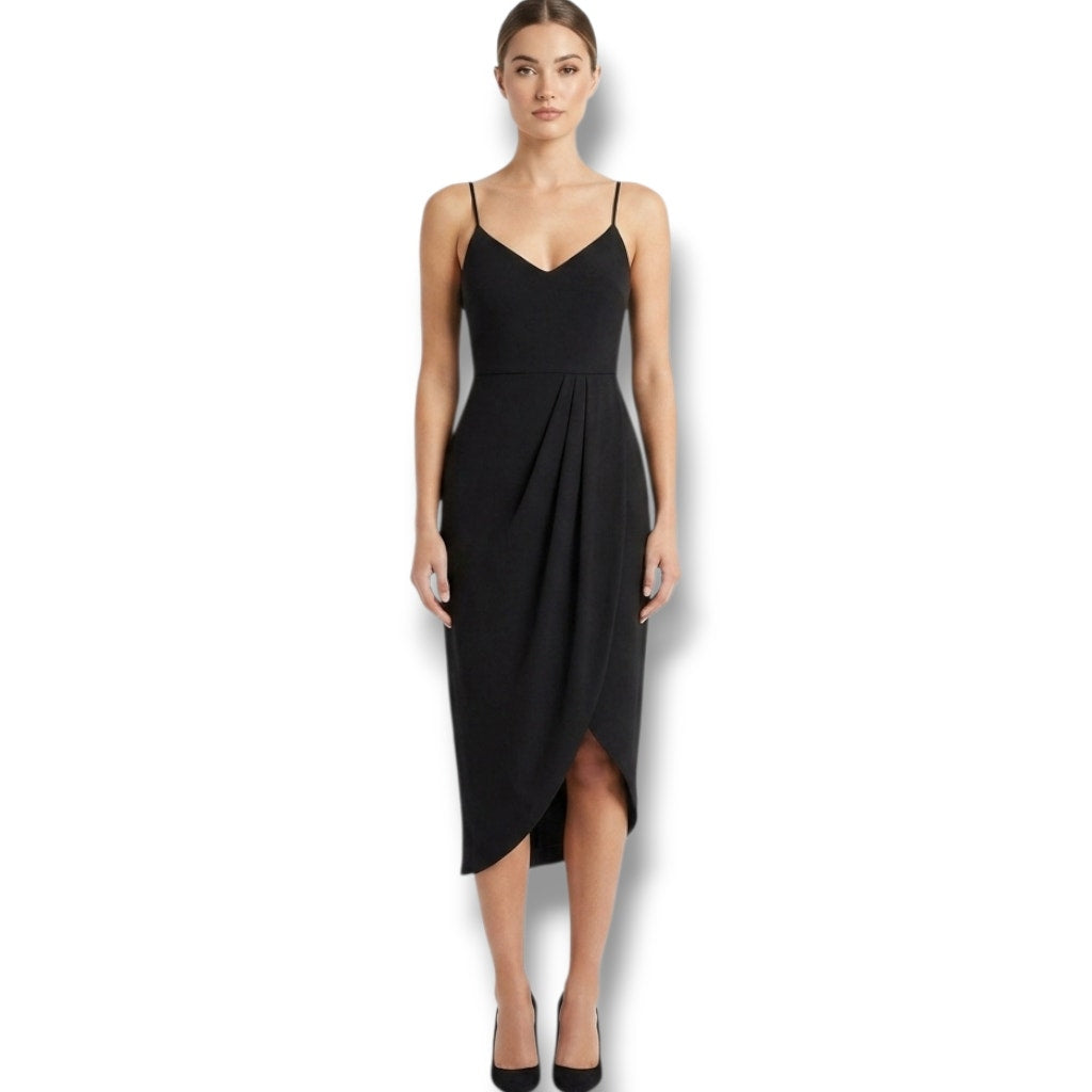 Lulus Black Tulip Hem Pleated Midi Cocktail Dress