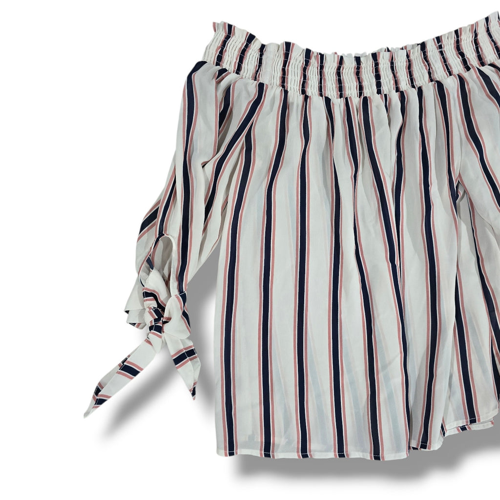 E&M Vertical Striped Off the Shoulder Tie Sleeve Blouse