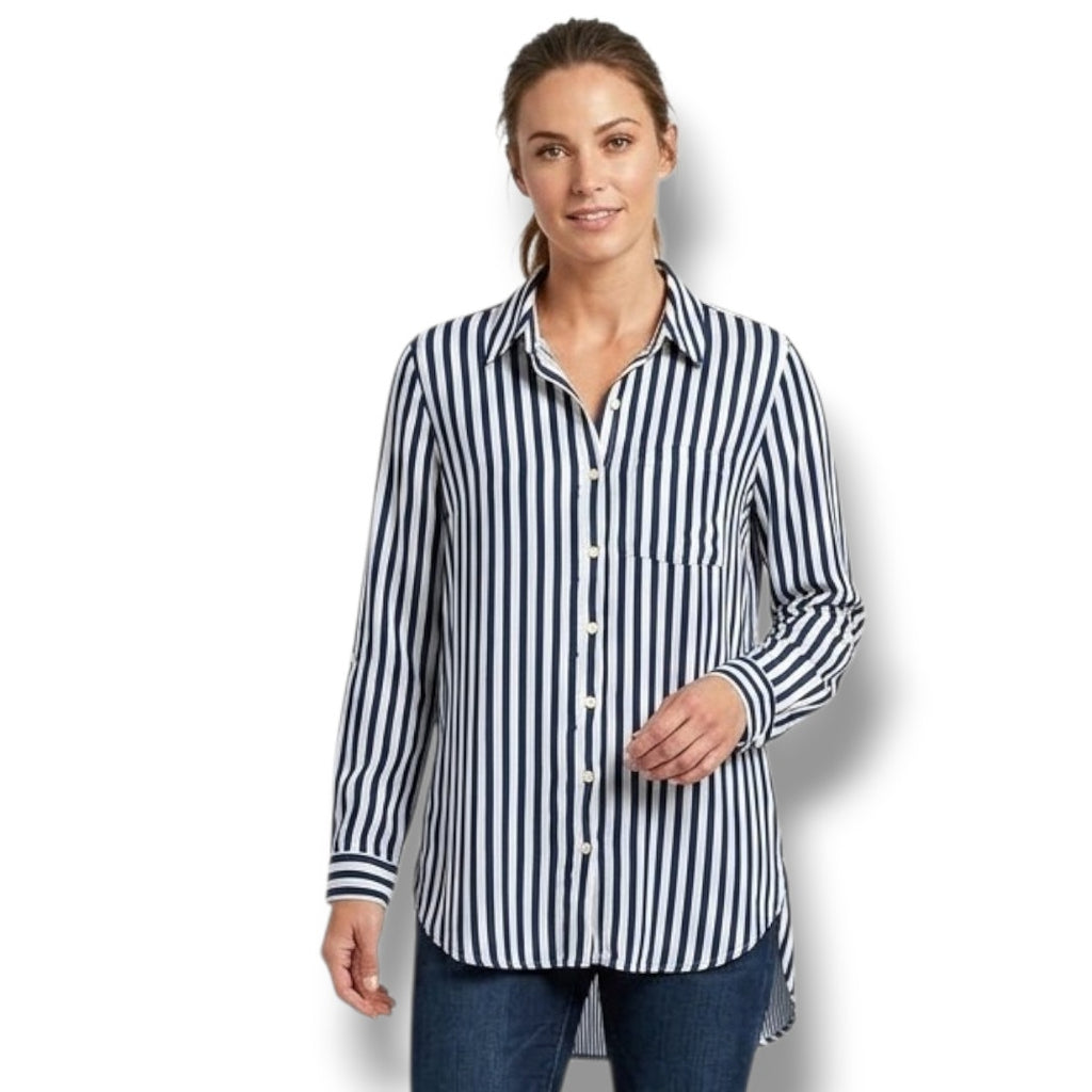 Jane & Delancey Women’s Blue White Vertical Stripe Button-Down Shirt – Medium