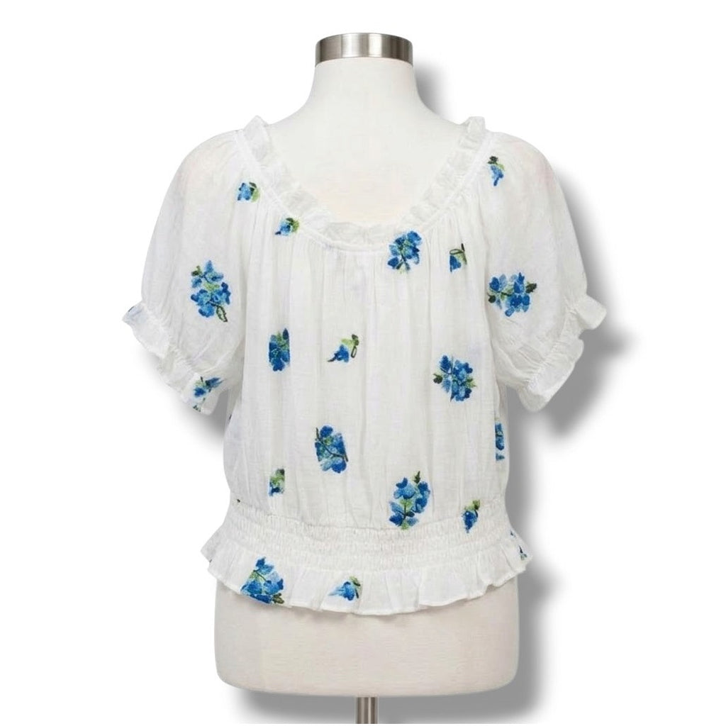 Meraki Women’s White Blue Floral Boho Peasant Blouse - Medium