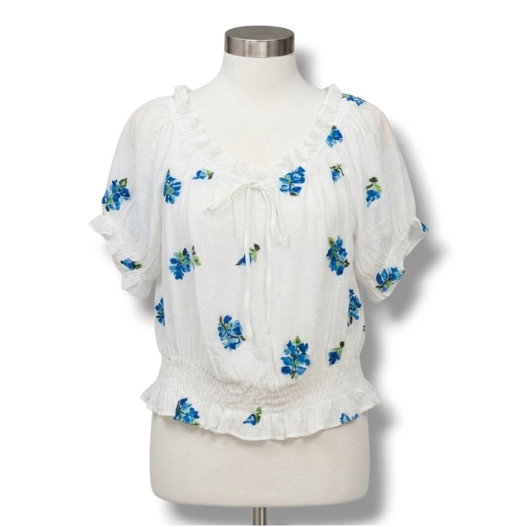 Meraki Women’s White Blue Floral Boho Peasant Blouse - Medium