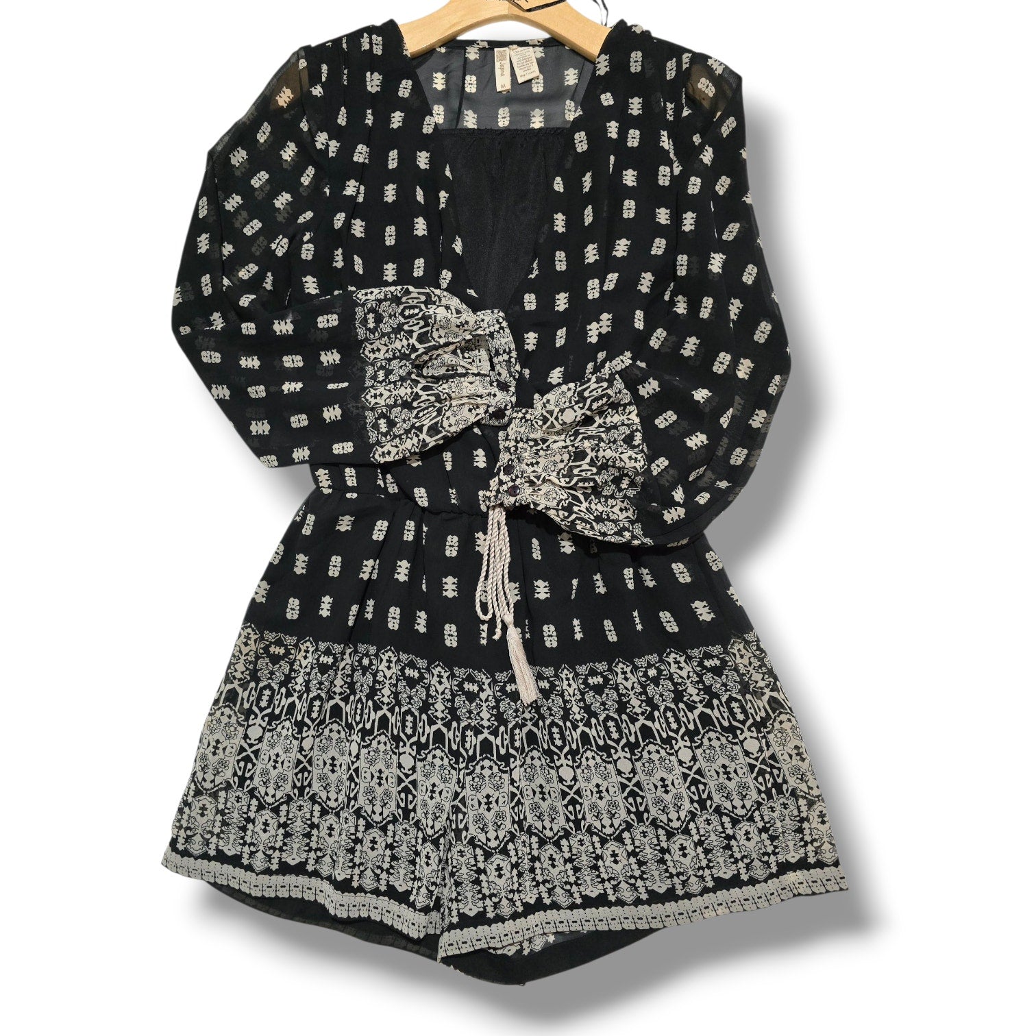 Japna Women’s Black Boho Long Sleeve Romper with Tassel Tie Waist – Size Medium