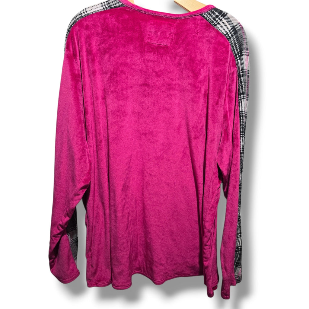 Cuddl Duds women's plus size Hot Pink Plush Fleece Plaid Trim Pajama Top
