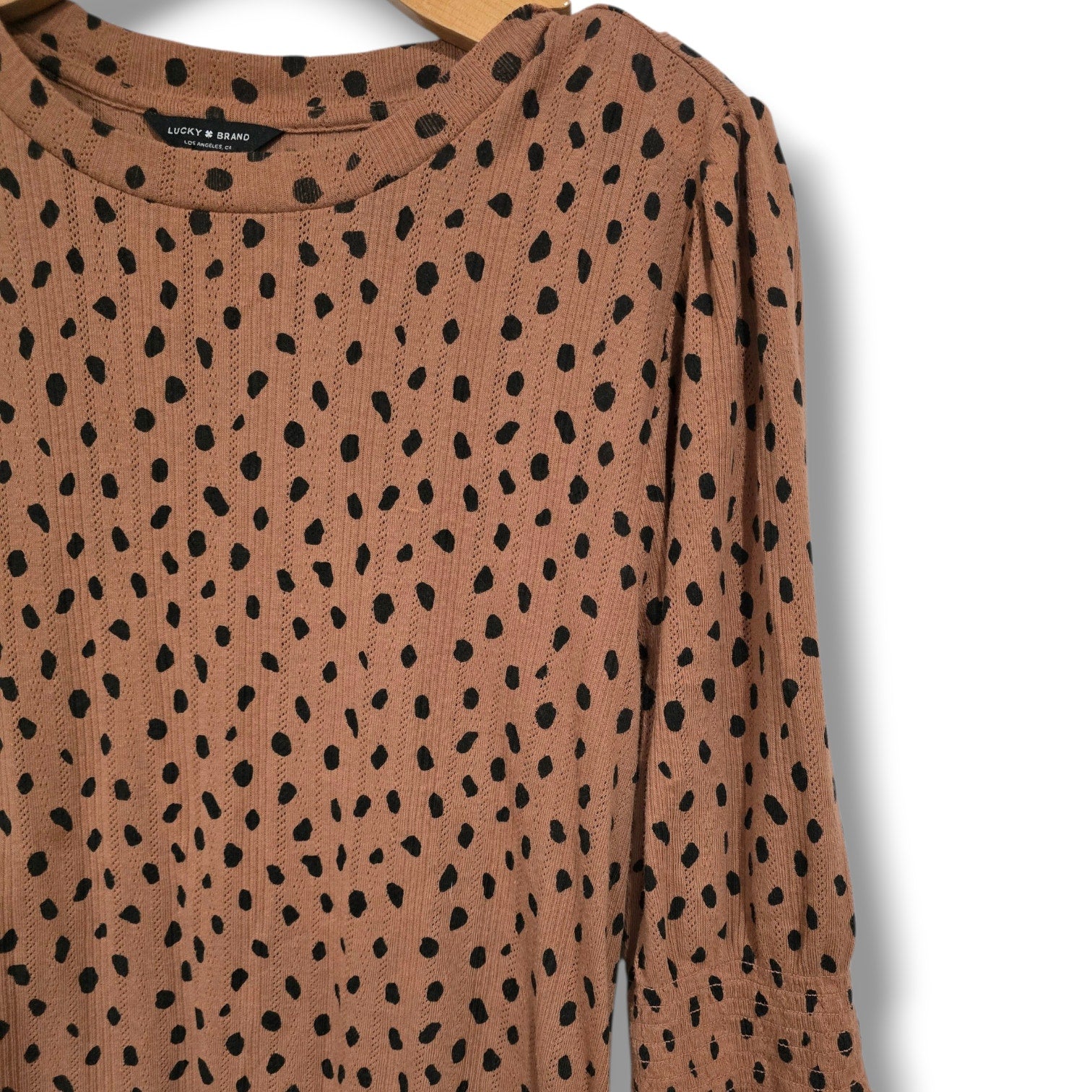 Lucky Brand women's Brown Spotted Puff Sleeve Pointelle Knit Top Large