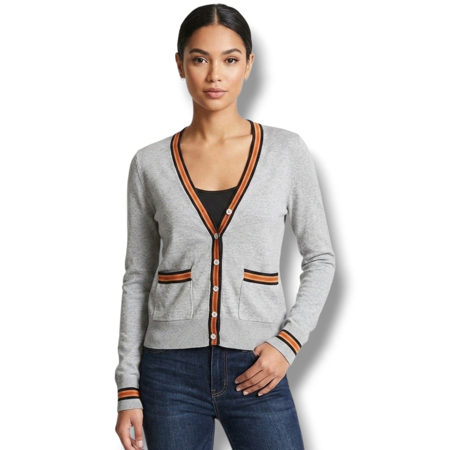 Forever 21 women’s Gray Button Front Cardigan Sweater with Striped Trim – Small