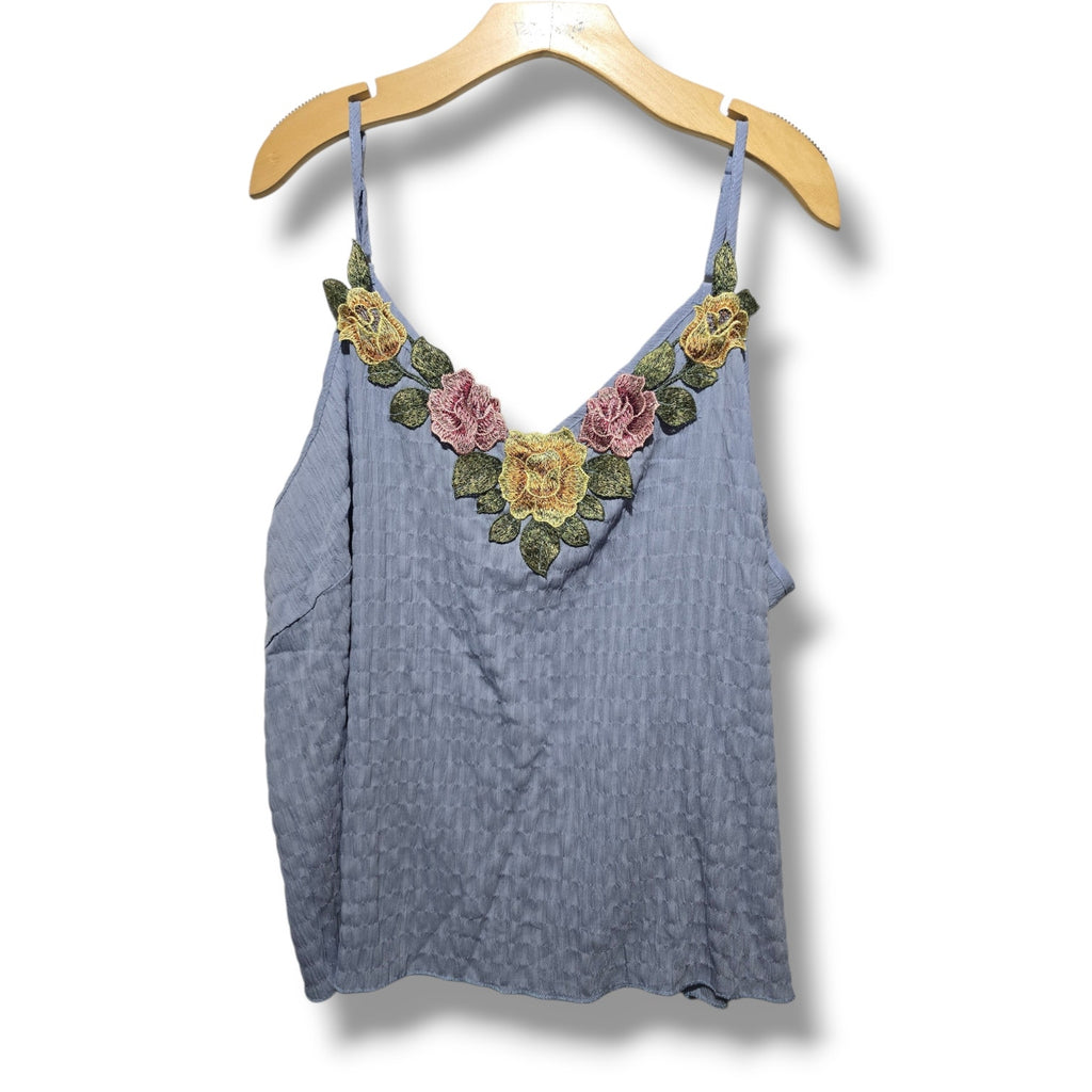 Women's Size 2XL Slate Blue Textured Floral Embroidered Cami Cami Top