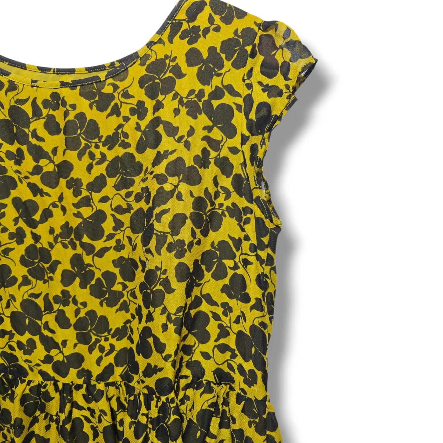 Ann Taylor Factory Women's Size Medium Chartreuse Yellow Black Floral Peplum Top