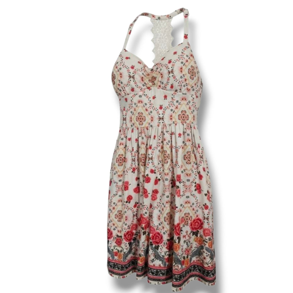 No Boundaries juniors Ivory Floral Halter Dress with Lace Racerback Small (3–5)