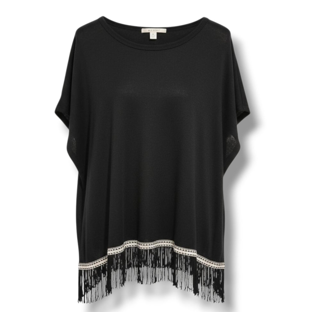 Mi Ami by Francesca’s Collection Black Fringe Poncho Blouse – Size Small