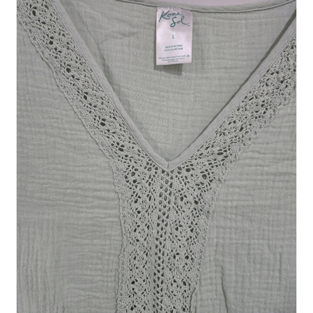 Kona Sol Sage Green Gauze V-Neck Crochet Trim cover up Top Women’s Large