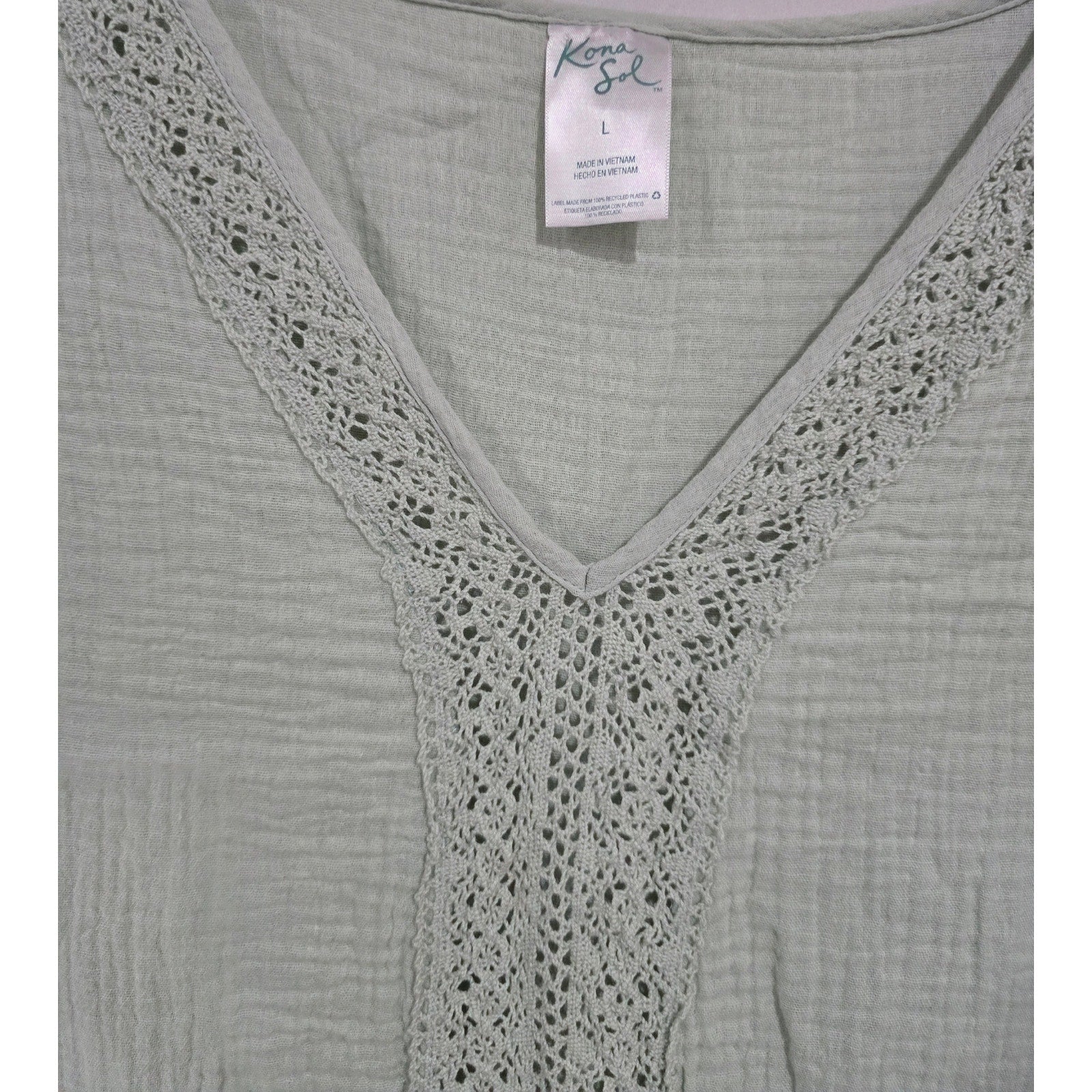 Kona Sol Sage Green Gauze V-Neck Crochet Trim cover up Top Women’s Large