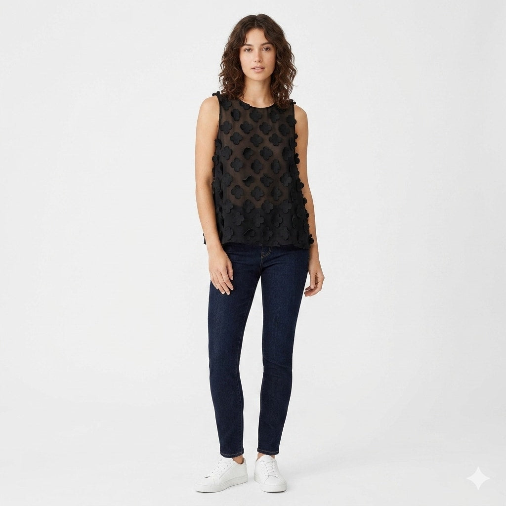 NIC+ZOE women's Black 3D Floral Appliqué Sheer Sleeveless Top Large