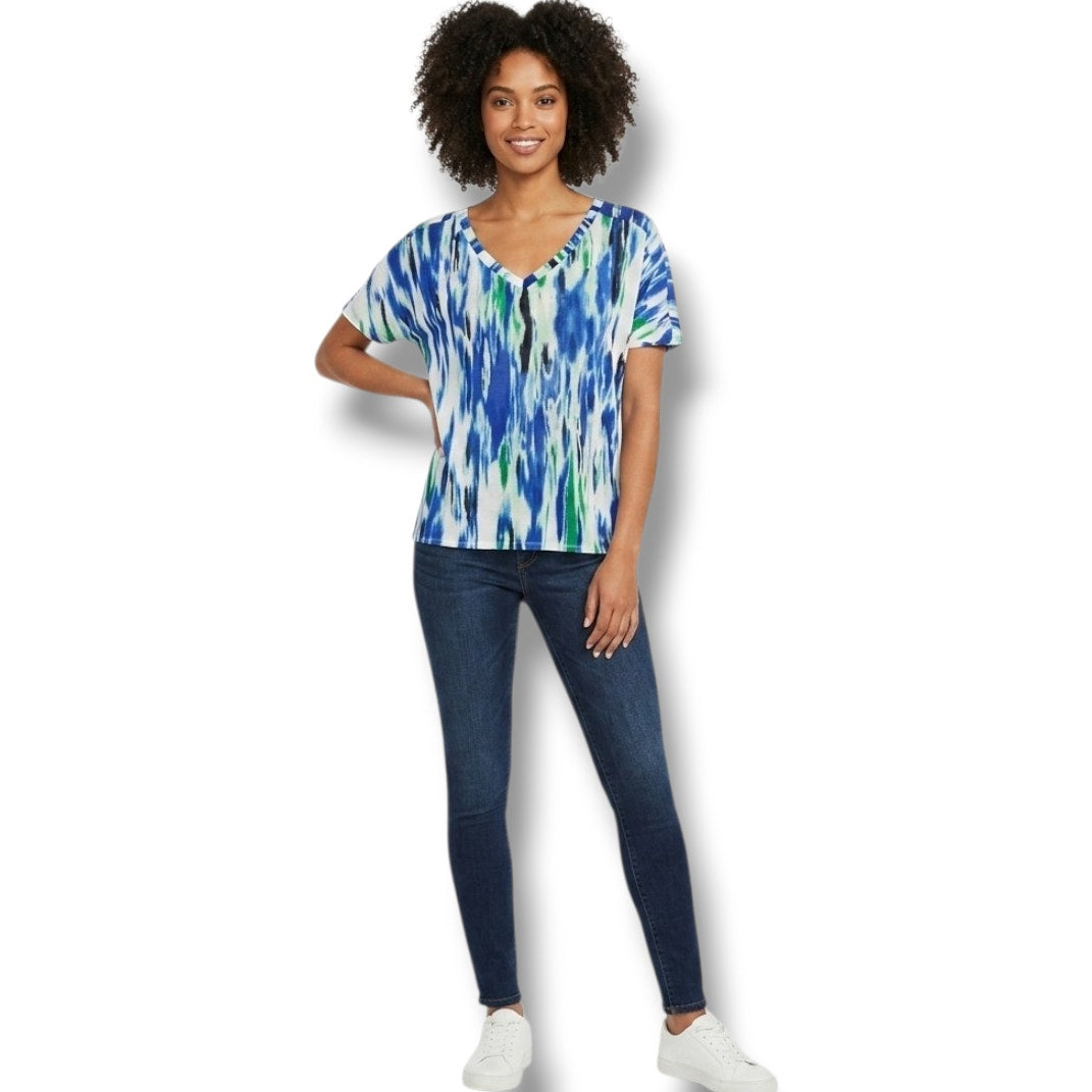 Express Blue & Green Ikat Print Button-Back V-Neck Blouse – Small NWT