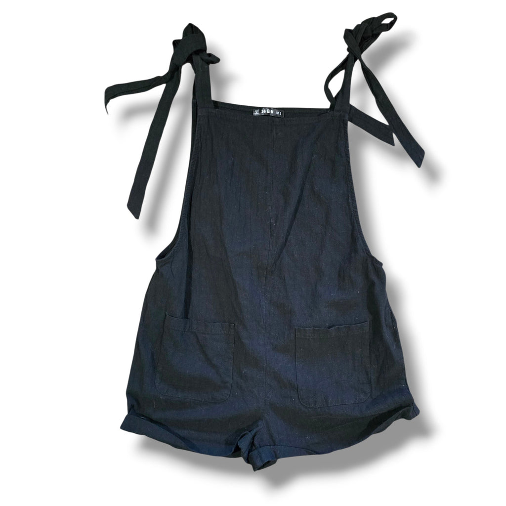 SHEIN Women’s Black Tie-Shoulder Overall Romper Shorts – Size M, 100% Cotton